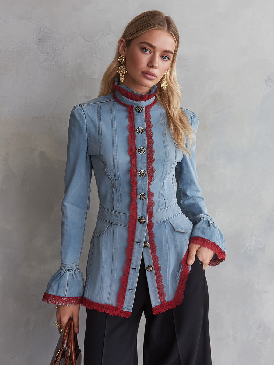 Victorian Western Lace Trim Light Wash Denim Womens Jacket