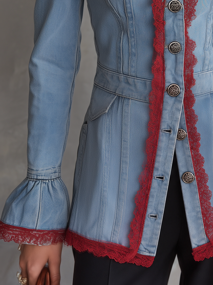 Victorian Western Lace Trim Light Wash Denim Womens Jacket