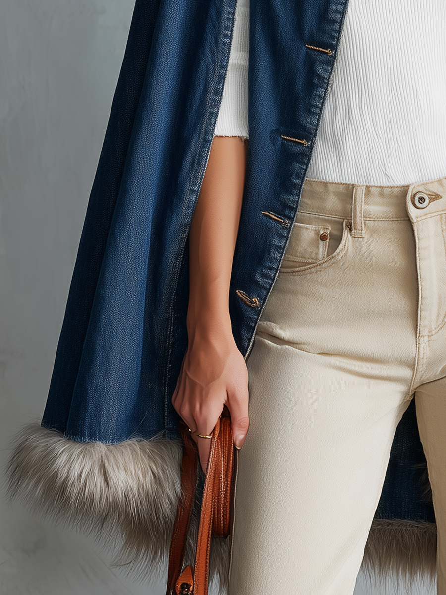 Glam Western Faux Fur Trim Denim Button Womens Cape