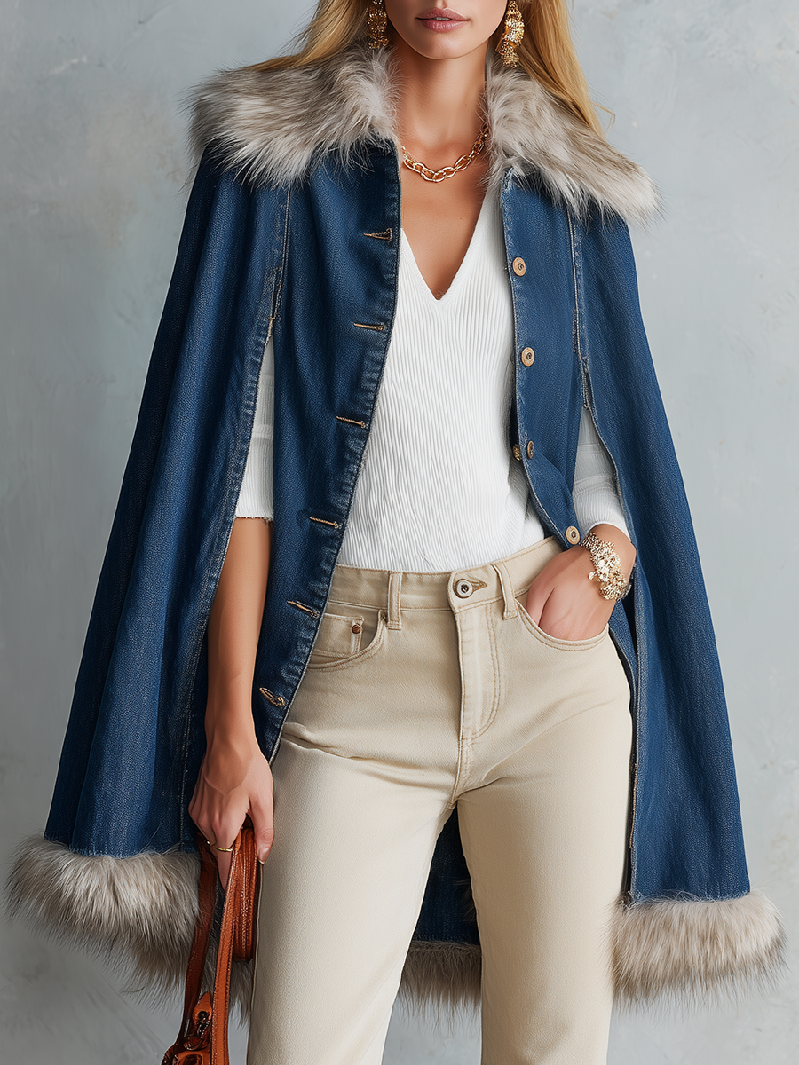Glam Western Faux Fur Trim Denim Button Womens Cape