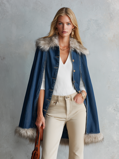 Glam Western Faux Fur Trim Denim Button Womens Cape