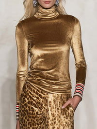 Elegant Versatile Vintage Glam Gold Velvet Turtleneck Top