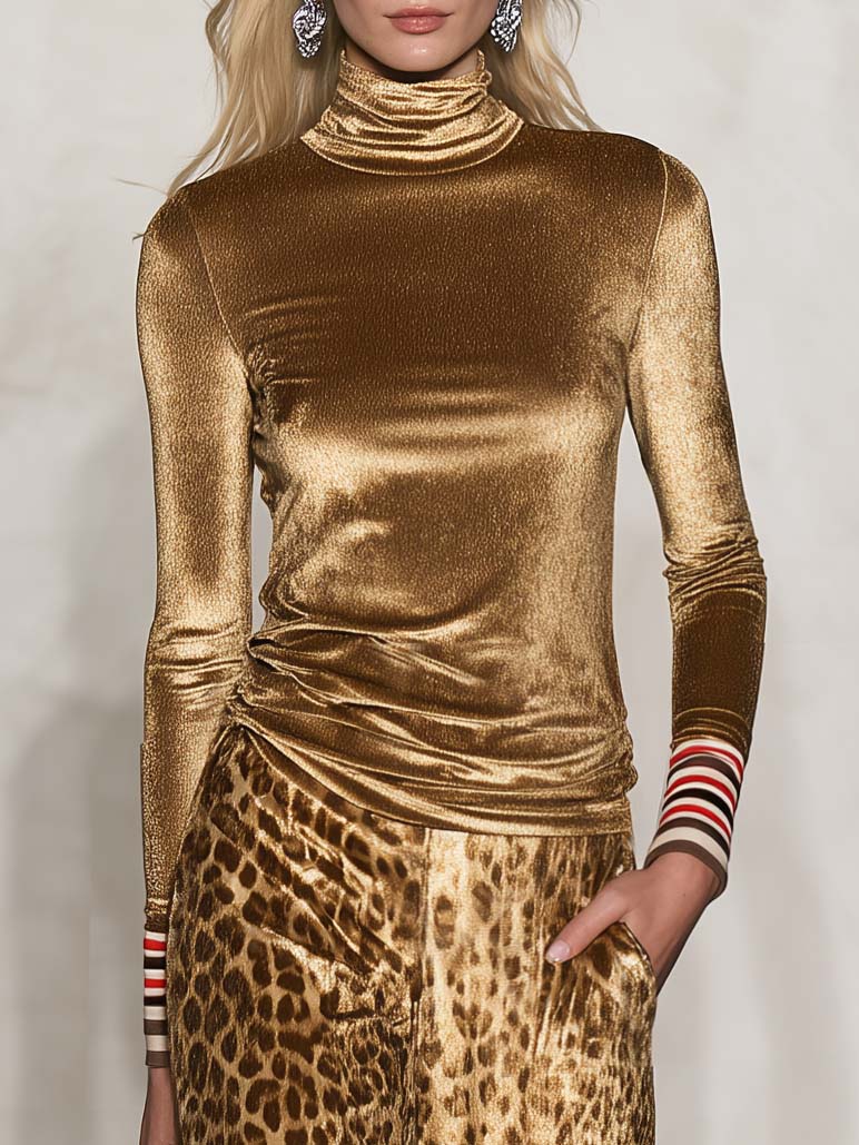 Elegant Versatile Vintage Glam Gold Velvet Turtleneck Top