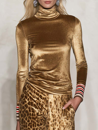 Elegant Versatile Vintage Glam Gold Velvet Turtleneck Top