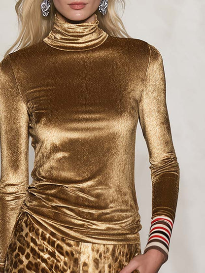 Elegant Versatile Vintage Glam Gold Velvet Turtleneck Top