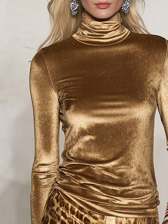 Elegant Versatile Vintage Glam Gold Velvet Turtleneck Top