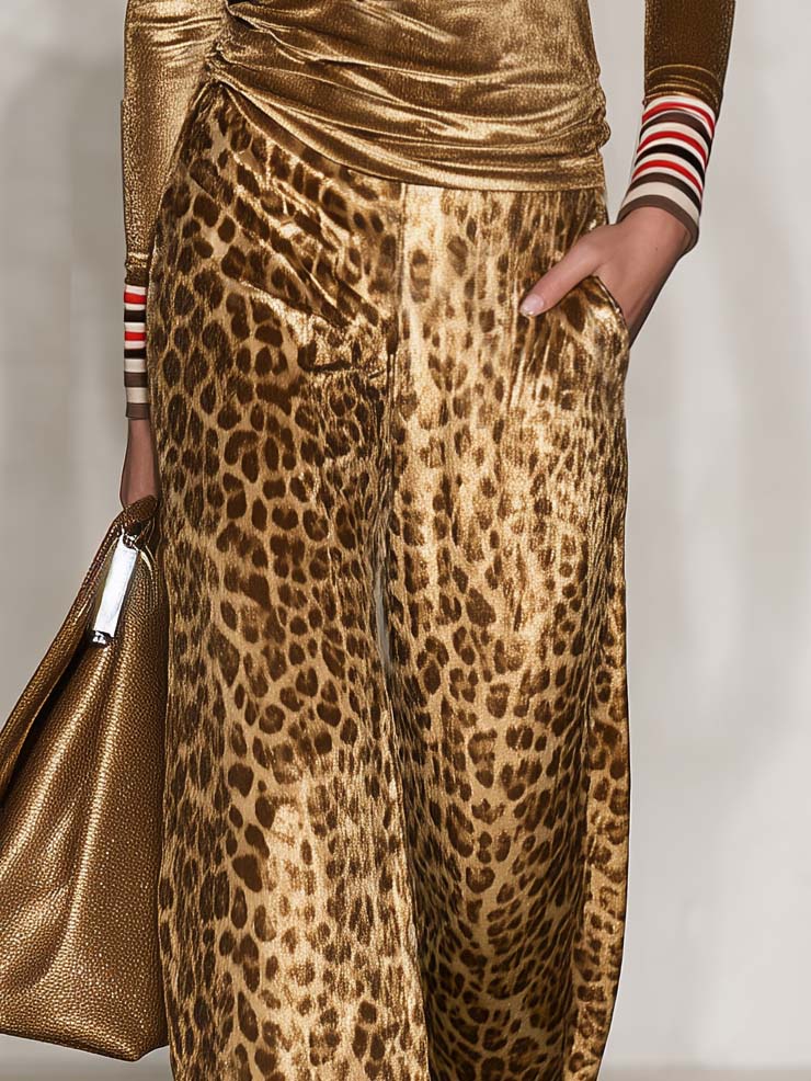 Vintage Glam Gold Velvet Leopard-Print Wide-Leg Pants