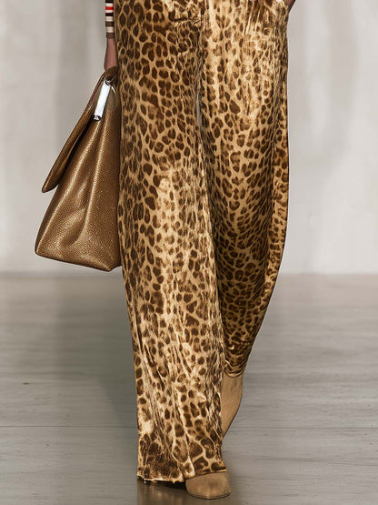 Vintage Glam Gold Velvet Leopard-Print Wide-Leg Pants