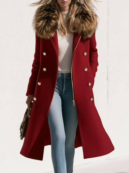 Fashionable Retro Faux Fur Collar Zipper Button Burgundy Long Coat