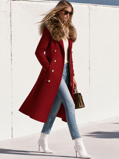 Fashionable Retro Faux Fur Collar Zipper Button Burgundy Long Coat