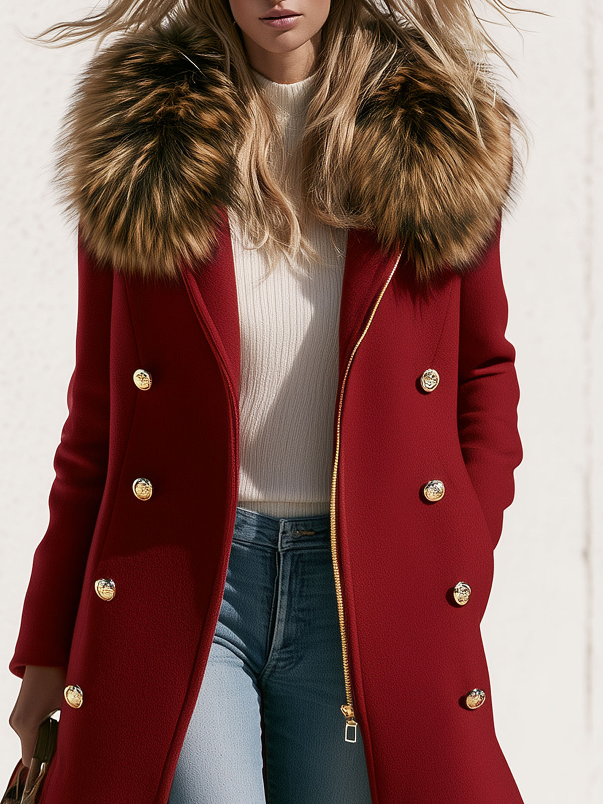 Fashionable Retro Faux Fur Collar Zipper Button Burgundy Long Coat