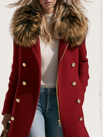 Fashionable Retro Faux Fur Collar Zipper Button Burgundy Long Coat