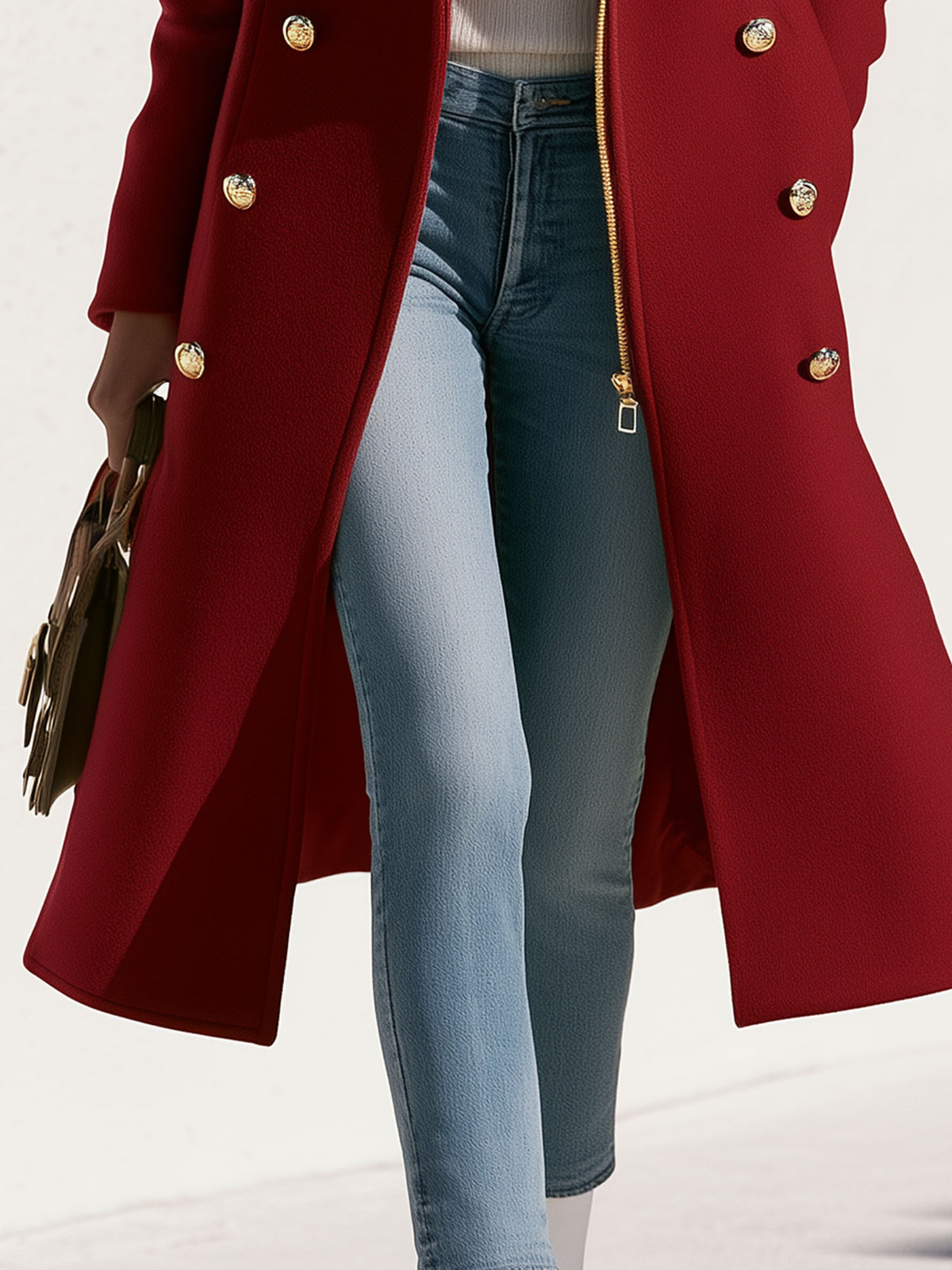 Fashionable Retro Faux Fur Collar Zipper Button Burgundy Long Coat
