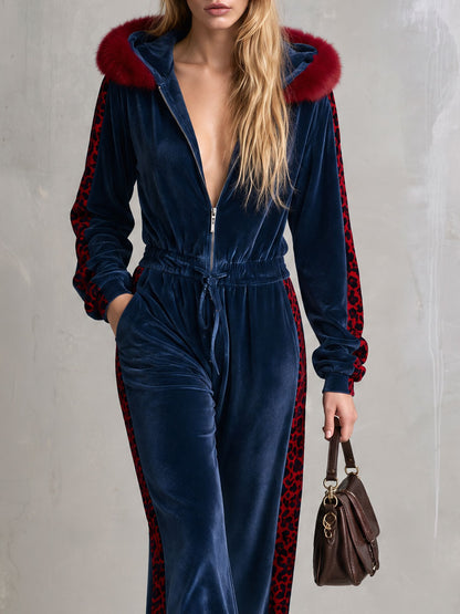 Casual Retro Color-blocked Faux Fur Collar And Leopard Print Trim Blue Velvet Jumpsuit