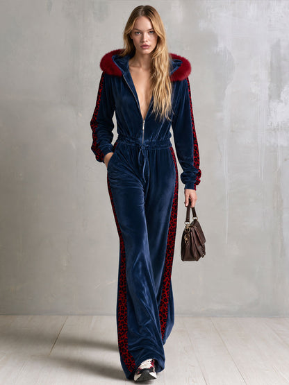 Casual Retro Color-blocked Faux Fur Collar And Leopard Print Trim Blue Velvet Jumpsuit