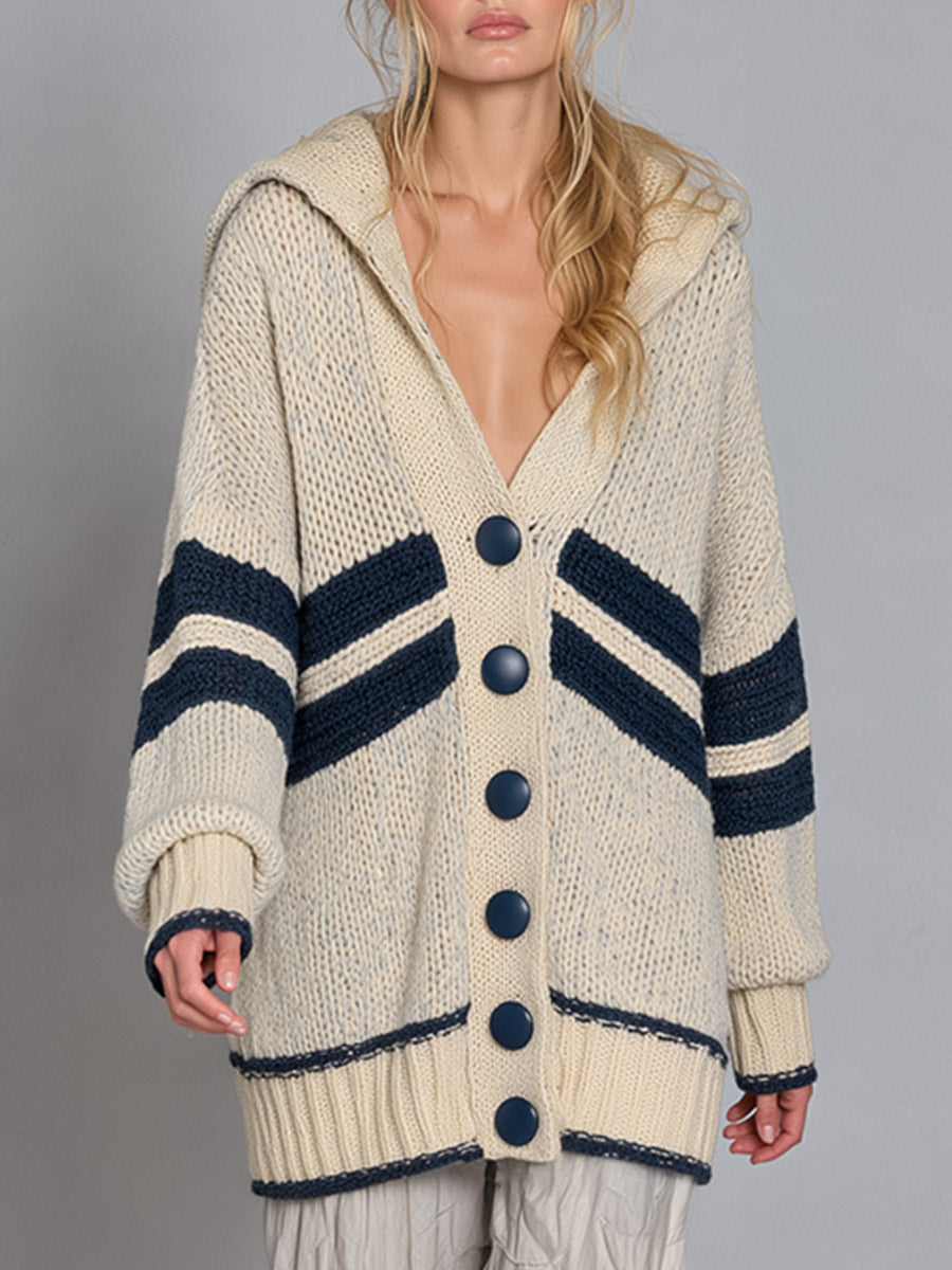 Navy Herringbone-Stripe Oversized Chunky-Knit Hooded Cardigan