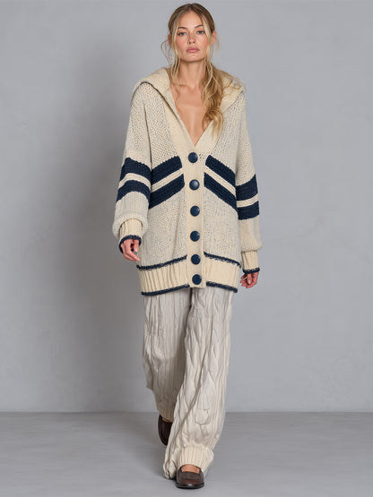Navy Herringbone-Stripe Oversized Chunky-Knit Hooded Cardigan