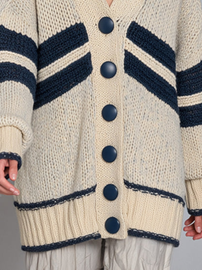 Navy Herringbone-Stripe Oversized Chunky-Knit Hooded Cardigan