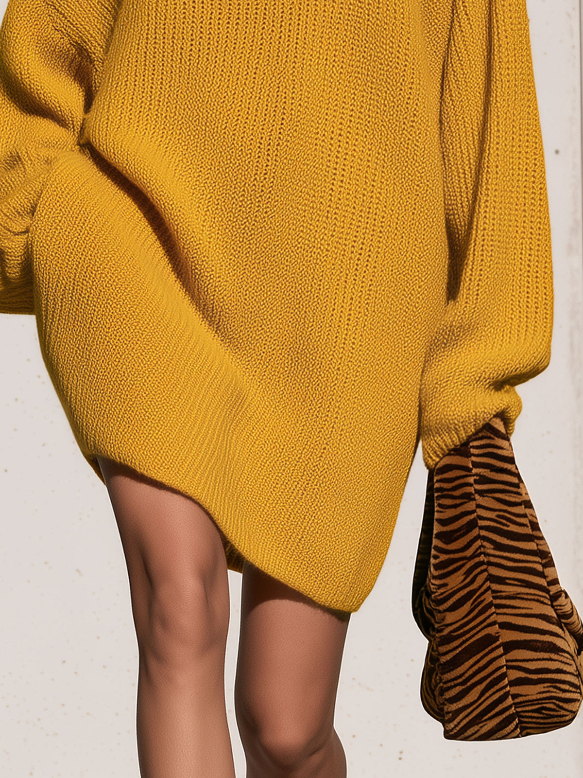 Oversized Turtleneck Mustard Yellow Knitted Long-sleeved Mini Dress