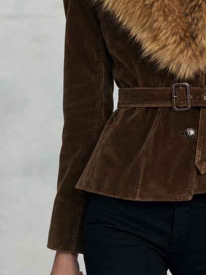 Retro-chic Faux Fur Collar Brown Faux Suede Single-breasted Belted Coat