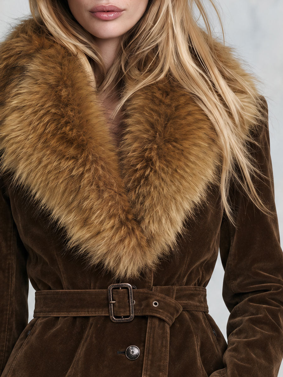 Retro-chic Faux Fur Collar Brown Faux Suede Single-breasted Belted Coat