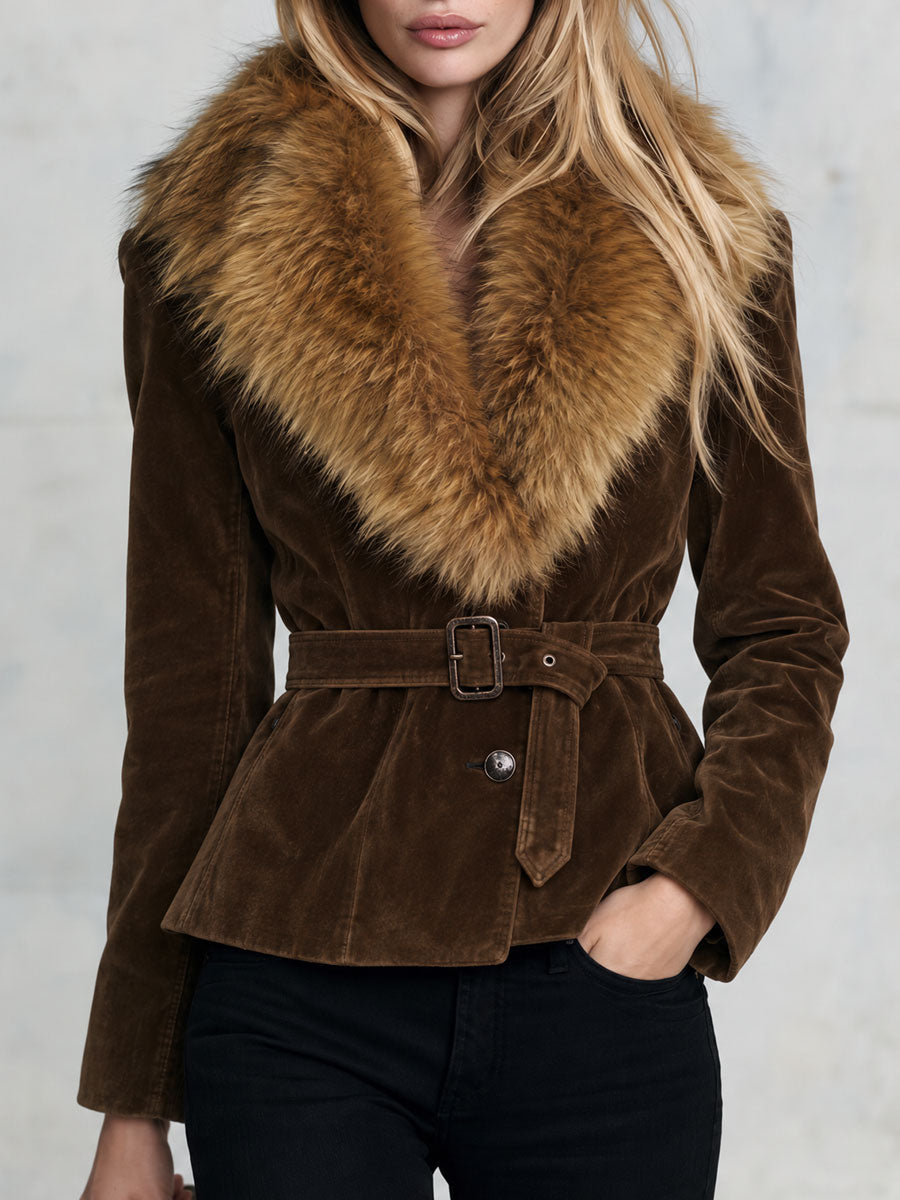 Retro-chic Faux Fur Collar Brown Faux Suede Single-breasted Belted Coat