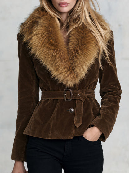 Retro-chic Faux Fur Collar Brown Faux Suede Single-breasted Belted Coat