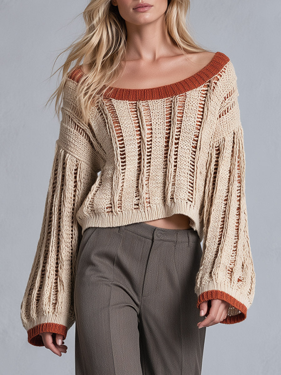 Vintage Style Rust-red Contrast Piping Oatmeal-colored Chunky-knit Cropped Sweater