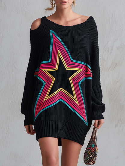 Retro Neon Star Cold Shoulder Oversized Batwing Sleeve Black Sweater Mini Dress