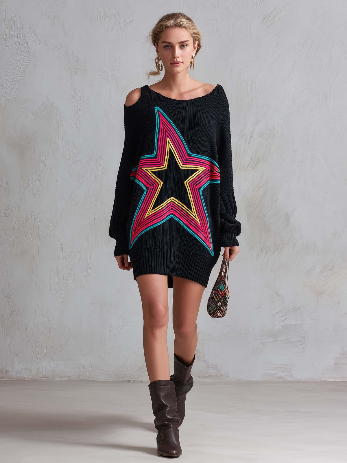 Retro Neon Star Cold Shoulder Oversized Batwing Sleeve Black Sweater Mini Dress