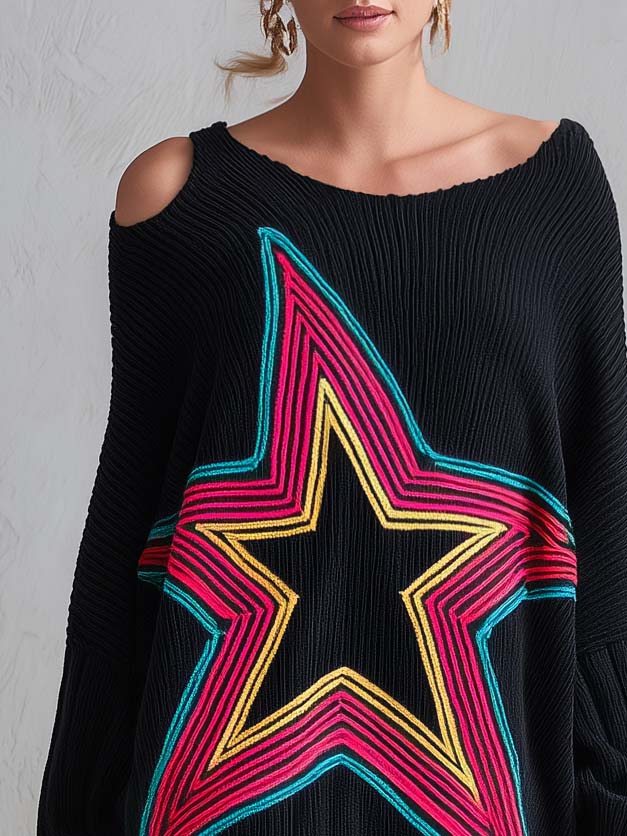 Retro Neon Star Cold Shoulder Oversized Batwing Sleeve Black Sweater Mini Dress
