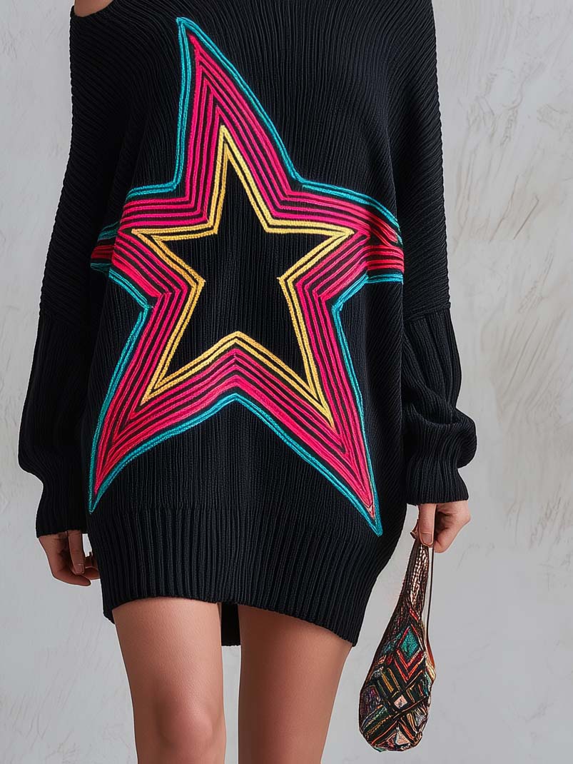 Retro Neon Star Cold Shoulder Oversized Batwing Sleeve Black Sweater Mini Dress
