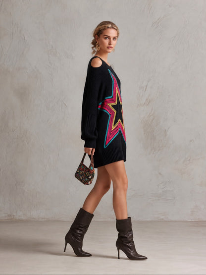Retro Neon Star Cold Shoulder Oversized Batwing Sleeve Black Sweater Mini Dress