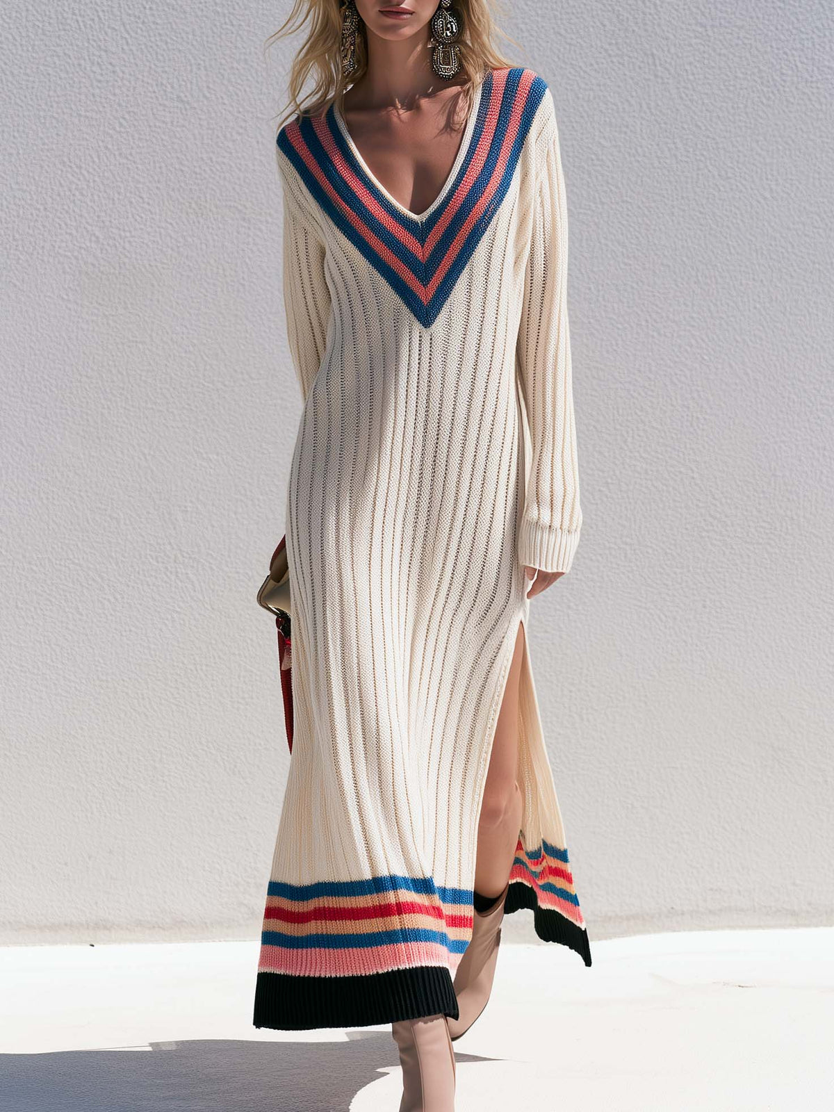 Retro Sporty Cream Varsity Stripe V-Neck Ribbed Knit Side Slit Sweater Maxi Dress