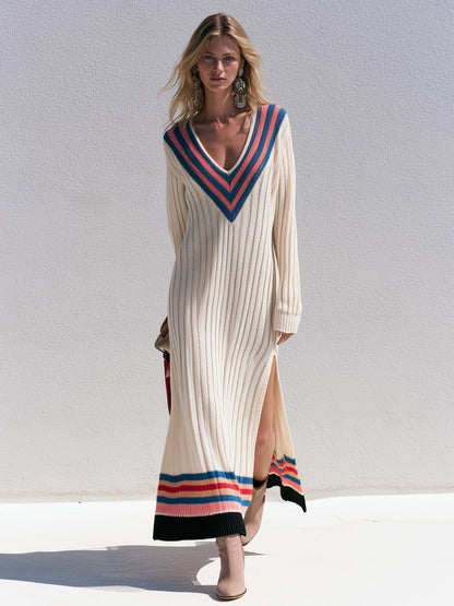 Retro Sporty Cream Varsity Stripe V-Neck Ribbed Knit Side Slit Sweater Maxi Dress