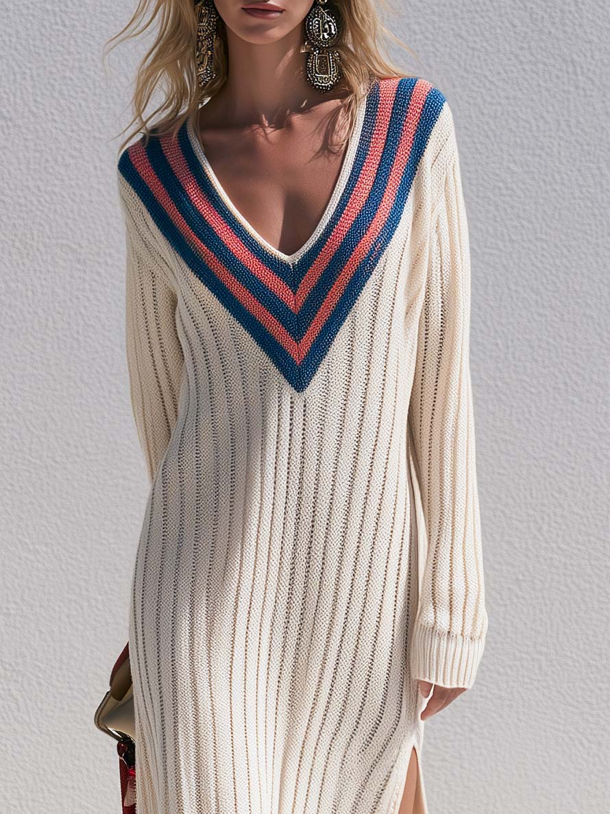 Retro Sporty Cream Varsity Stripe V-Neck Ribbed Knit Side Slit Sweater Maxi Dress