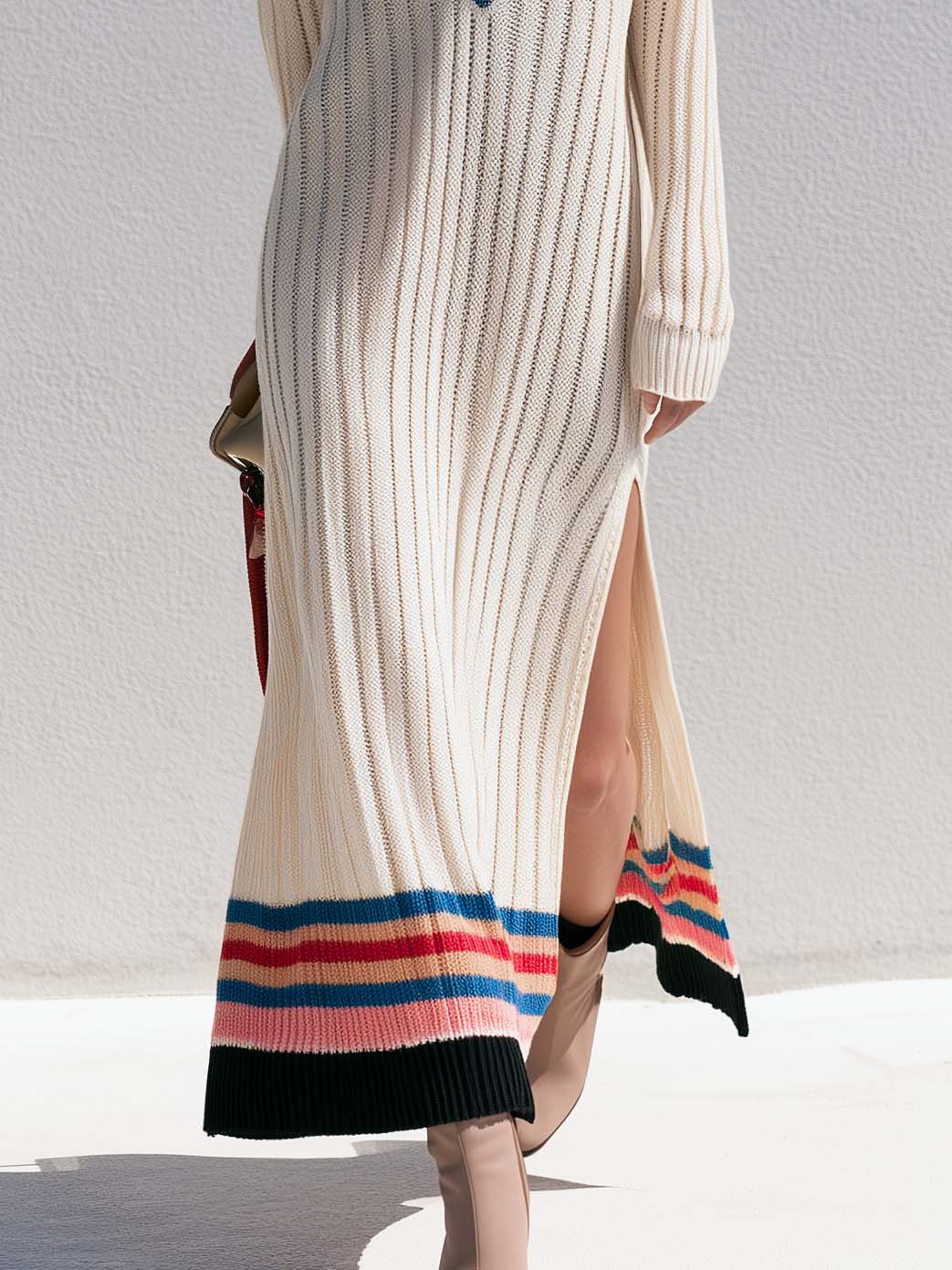 Retro Sporty Cream Varsity Stripe V-Neck Ribbed Knit Side Slit Sweater Maxi Dress
