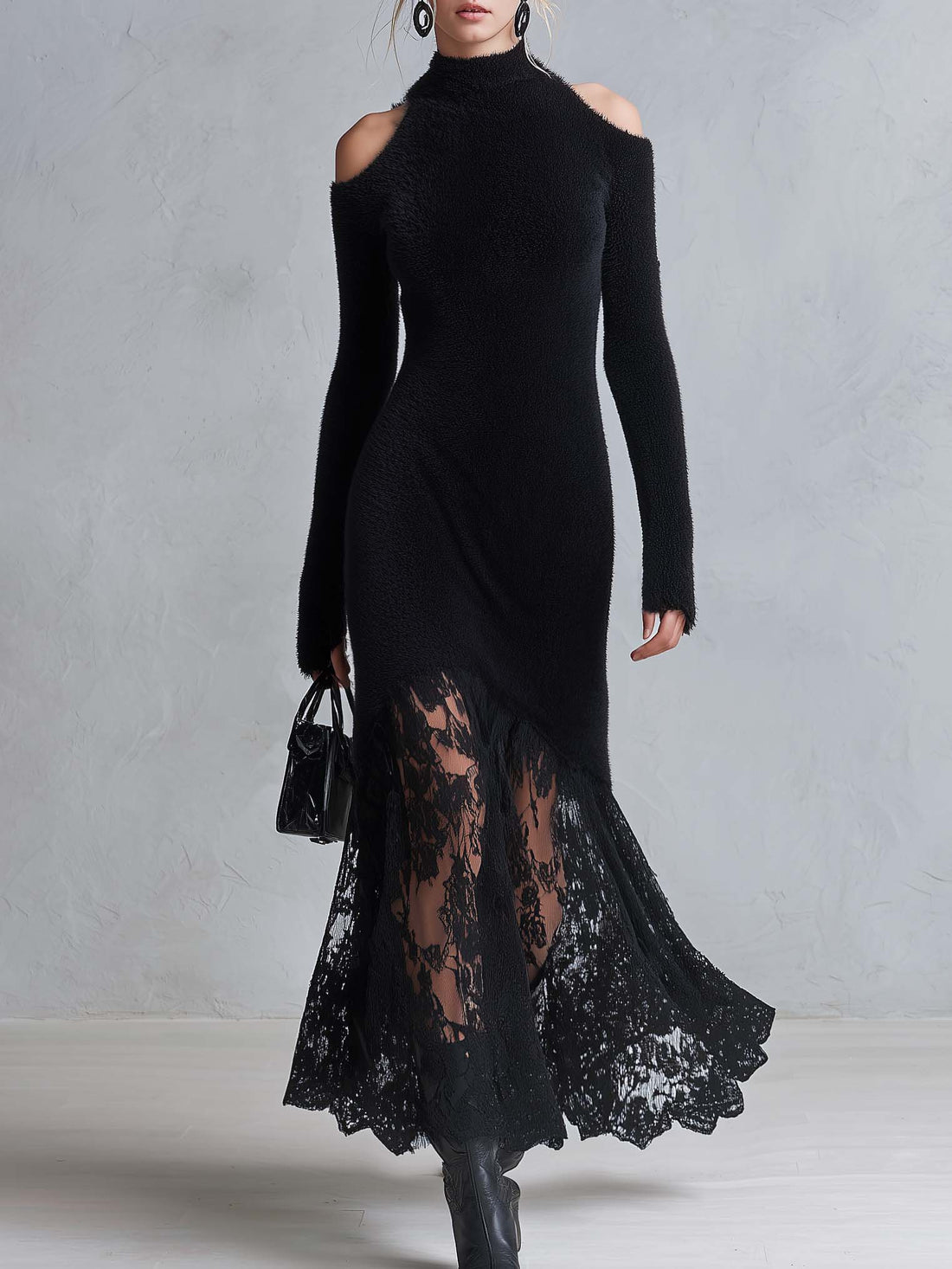 Vintage Romantic Black Fuzzy Knit Long Sleeve Sheer Lace Hem Bodycon Maxi Dress
