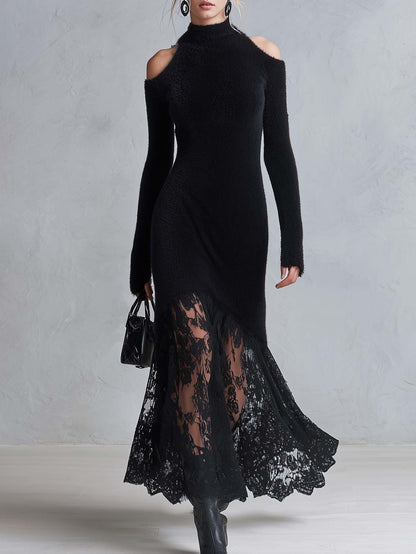 Vintage Romantic Black Fuzzy Knit Long Sleeve Sheer Lace Hem Bodycon Maxi Dress