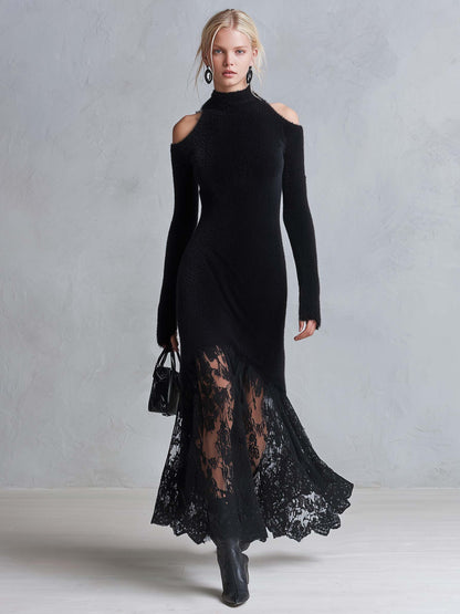 Vintage Romantic Black Fuzzy Knit Long Sleeve Sheer Lace Hem Bodycon Maxi Dress