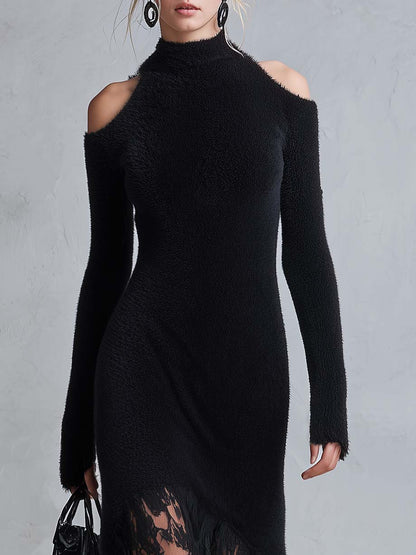 Vintage Romantic Black Fuzzy Knit Long Sleeve Sheer Lace Hem Bodycon Maxi Dress