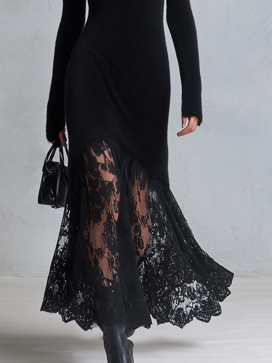 Vintage Romantic Black Fuzzy Knit Long Sleeve Sheer Lace Hem Bodycon Maxi Dress