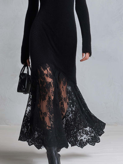 Vintage Romantic Black Fuzzy Knit Long Sleeve Sheer Lace Hem Bodycon Maxi Dress
