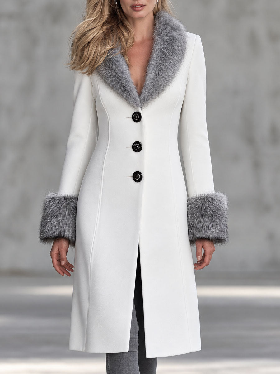 Retro Chic Faux Fur Collar White Single-breasted Wool Blend Coat