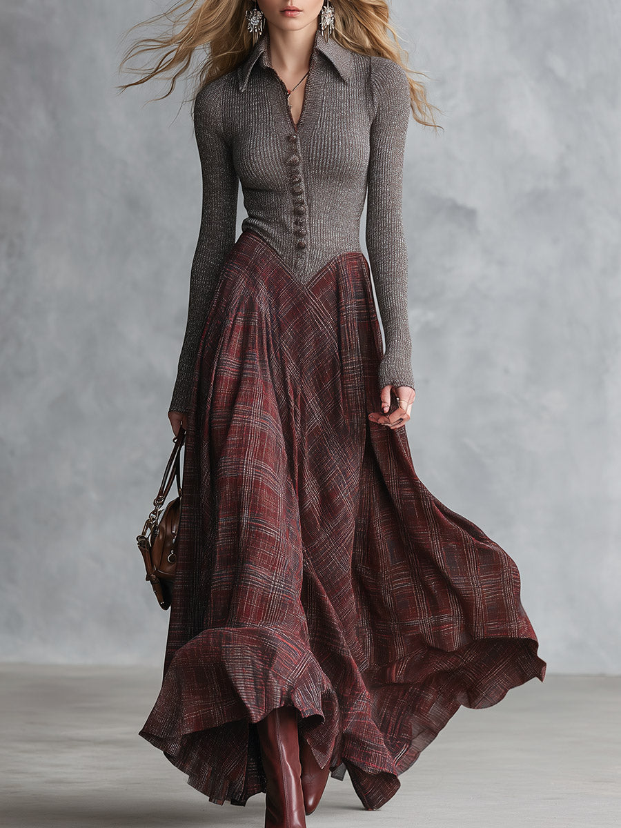 Retro Ribbed Knit Bodice Plaid Collared Maxi Dress