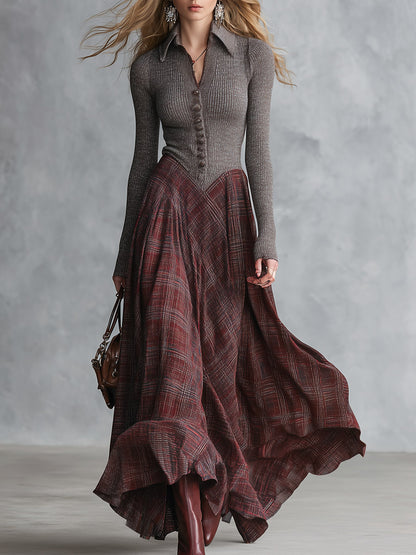 Retro Ribbed Knit Bodice Plaid Collared Maxi Dress