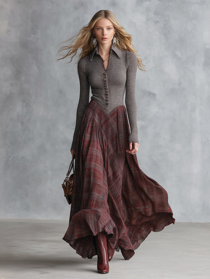 Retro Ribbed Knit Bodice Plaid Collared Maxi Dress