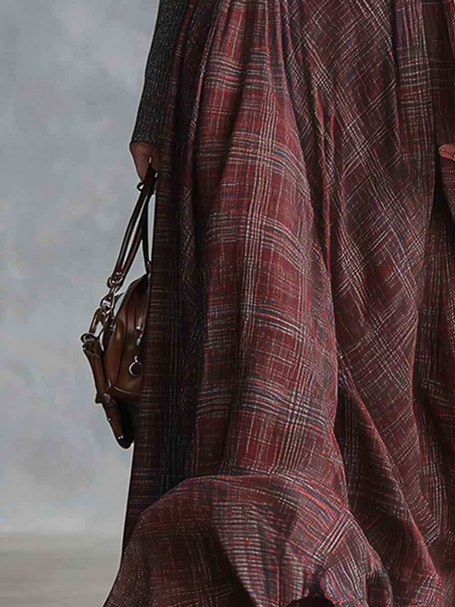 Retro Ribbed Knit Bodice Plaid Collared Maxi Dress