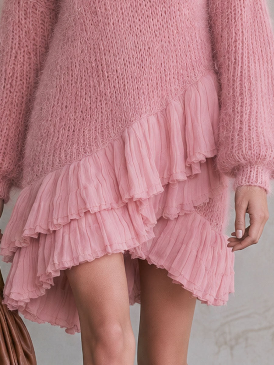Retro Chic And Elegant Irregular Chiffon Ruffled Pink V-neck Knit Mini Dress