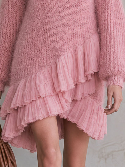 Retro Chic And Elegant Irregular Chiffon Ruffled Pink V-neck Knit Mini Dress